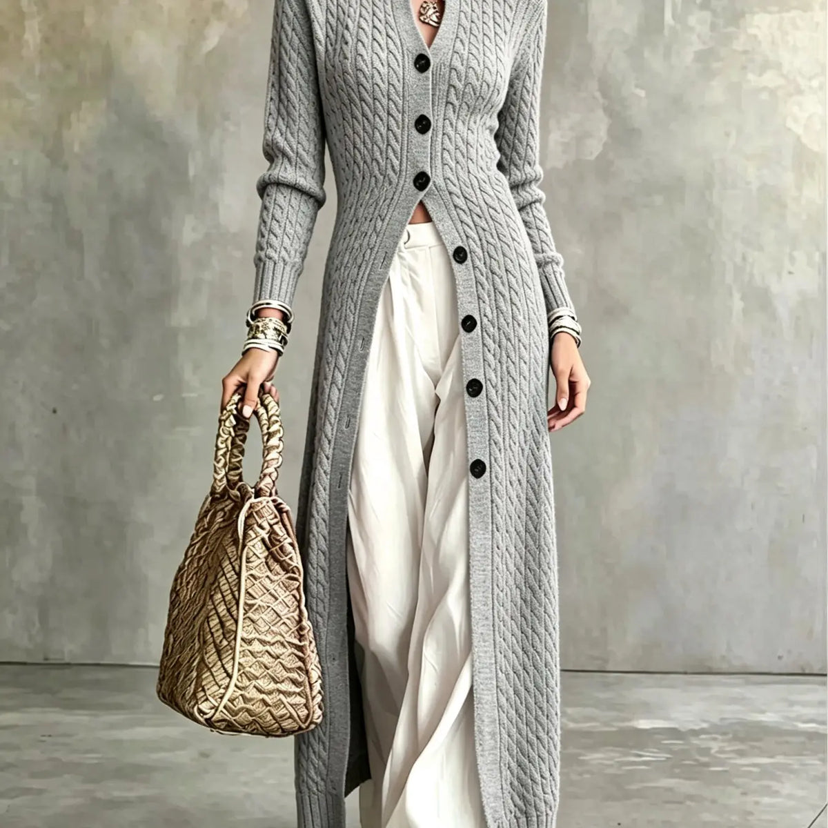 💚Women's Cable Knit Long Cardigan Slim Fit Acrylic Apricot Outerwear