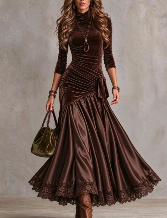 🤲LAST DAY SAVE 49% ⏰Women's Vintage Velvet Ruched Maxi Dress with Lace Trim