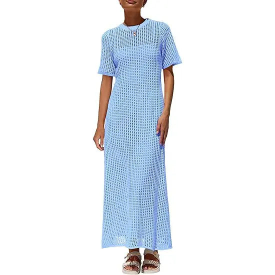 ✨✨Womens Eyelet Cover Up Dress Summer Resort Maxi Dress with Beach Short Sleeves, Hollow Out Design & Hollow Out Sundress Style