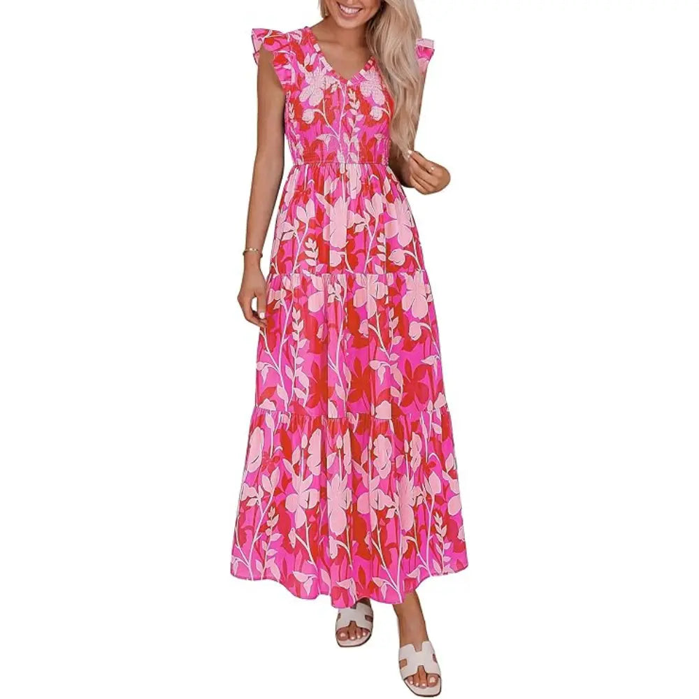 ✨✨Women's Cotton Boho Floral Maxi Dress Summer Smocked V Neck Ruffle Sleeve Spring Flowy Beach Vacation Sundresses