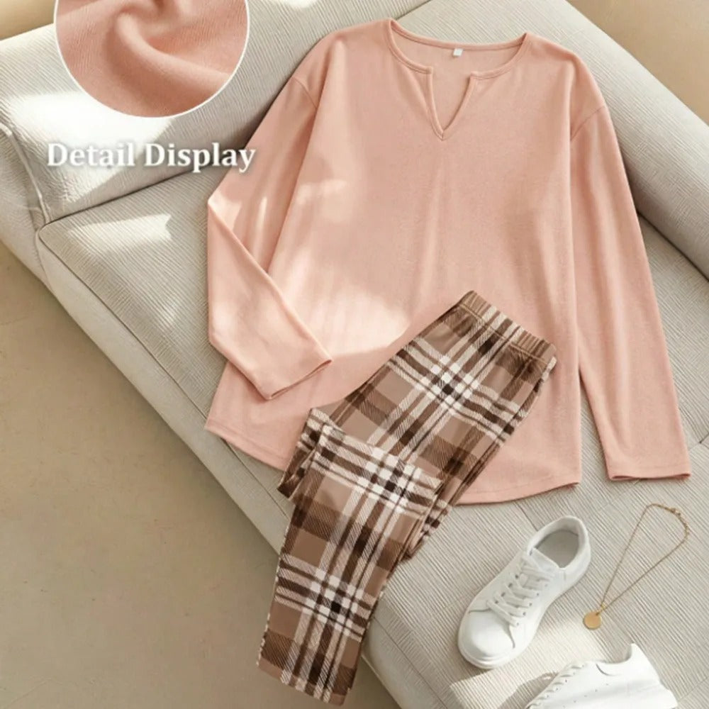 💚Women's 2-Piece Lounge Set – Long Sleeve Top & Plaid Leggings