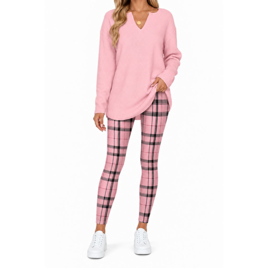 💚Women's 2-Piece Lounge Set – Long Sleeve Top & Plaid Leggings