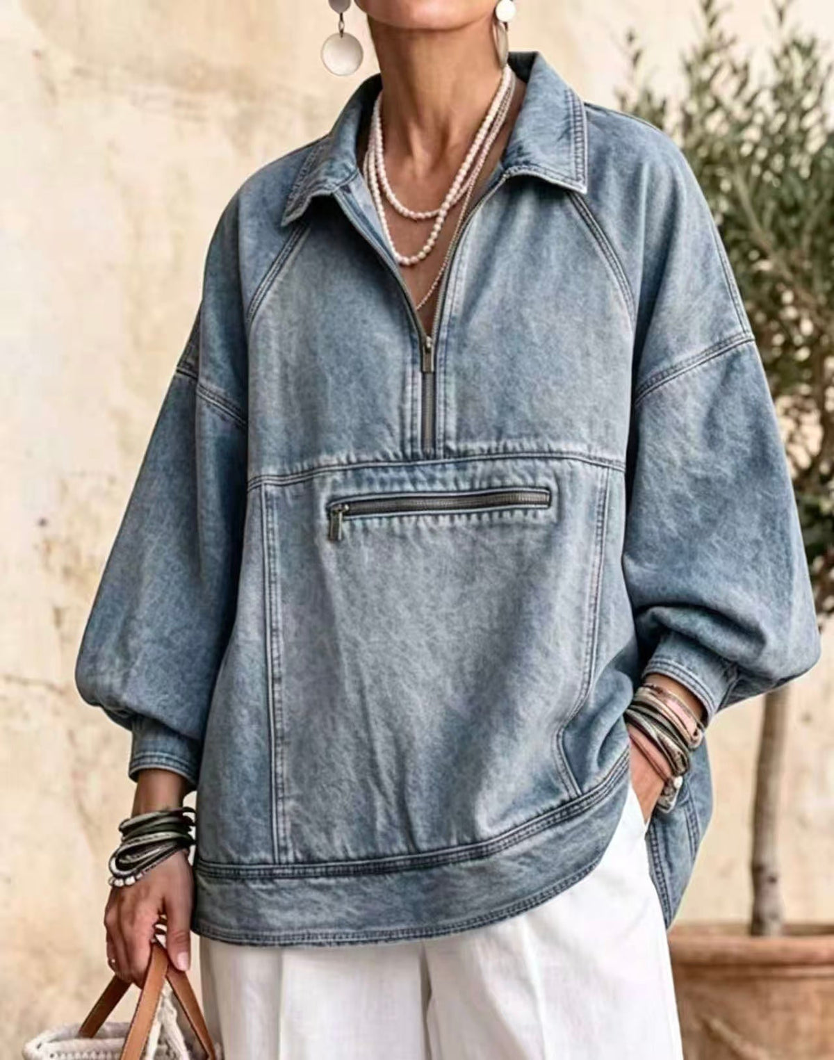 🤲LAST DAY SAVE 49% ⏰Half Zip Collared Lantern Sleeve Denim Jacket