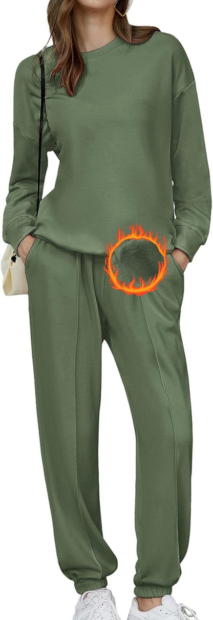 🎄Christmas Sale🔥Women's Two-Piece Oversized Fleece Sweatsuit Outfit Winter Sherpa Lined Sweatshirt and Sweatpants Sets
