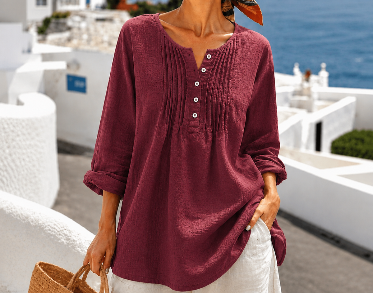 💚Women's Casual Pleated Henley Blouse – Long Sleeve Relaxed Fit Top