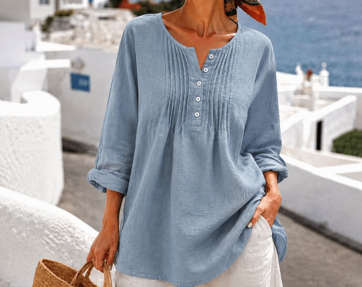 💚Women's Casual Pleated Henley Blouse – Long Sleeve Relaxed Fit Top