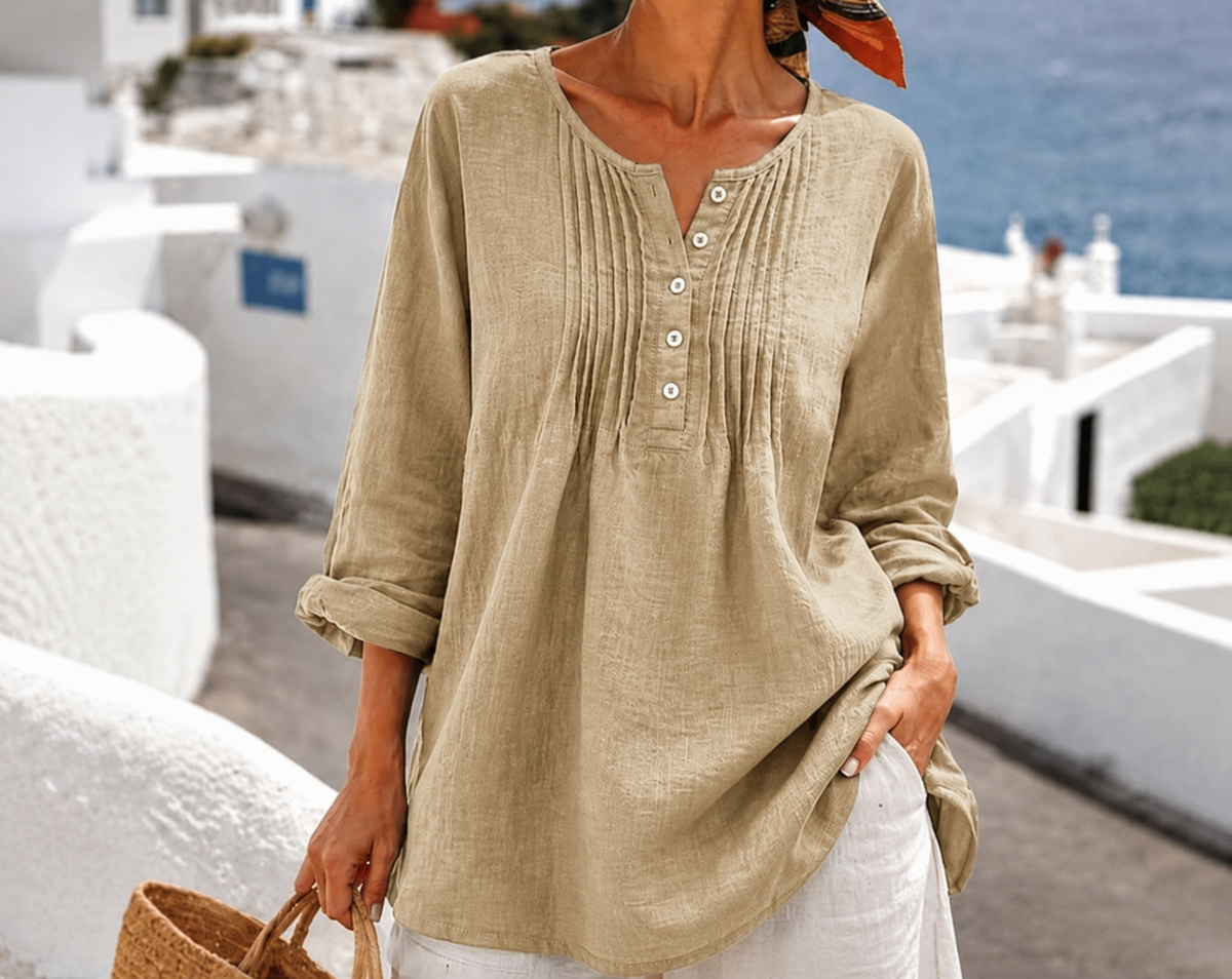 💚Women's Casual Pleated Henley Blouse – Long Sleeve Relaxed Fit Top