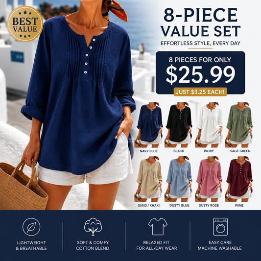 💚Women's Casual Pleated Henley Blouse – Long Sleeve Relaxed Fit Top
