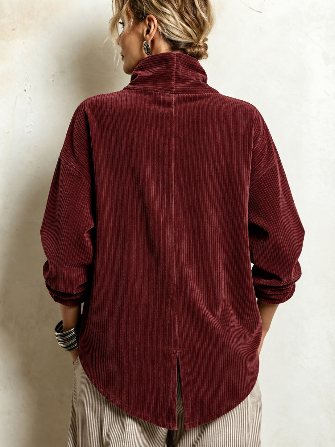 🅶Women's Corduroy Button-Up Top | Relaxed Asymmetrical Wrap Collar Shirt