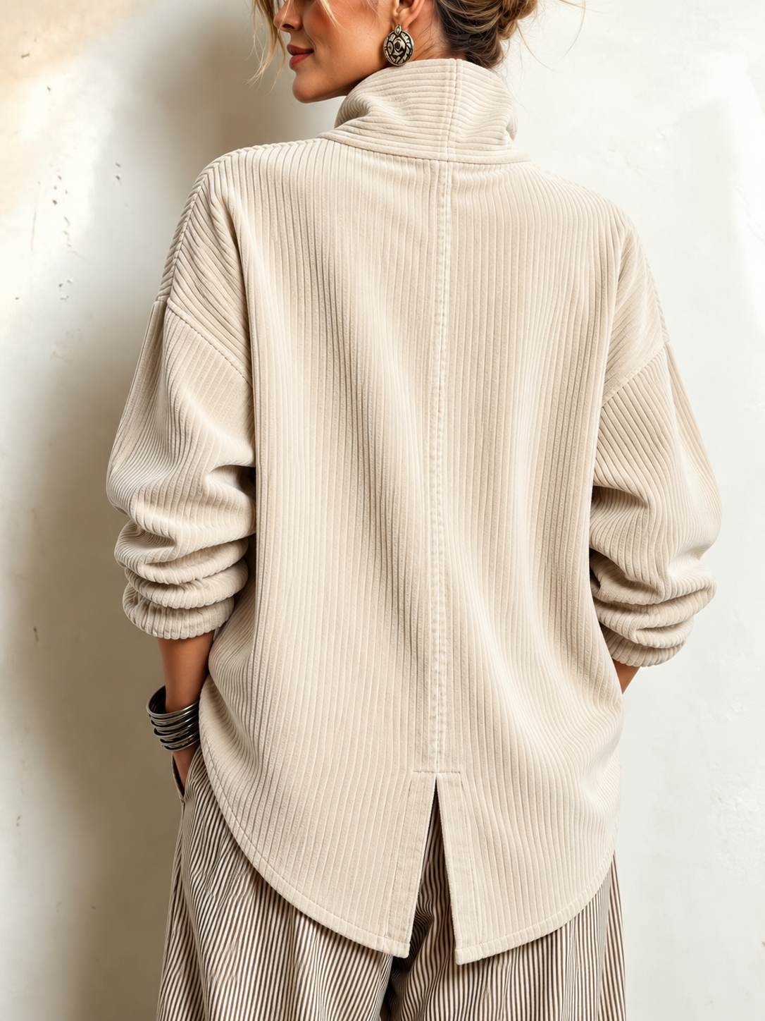 🅶Women's Corduroy Button-Up Top | Relaxed Asymmetrical Wrap Collar Shirt