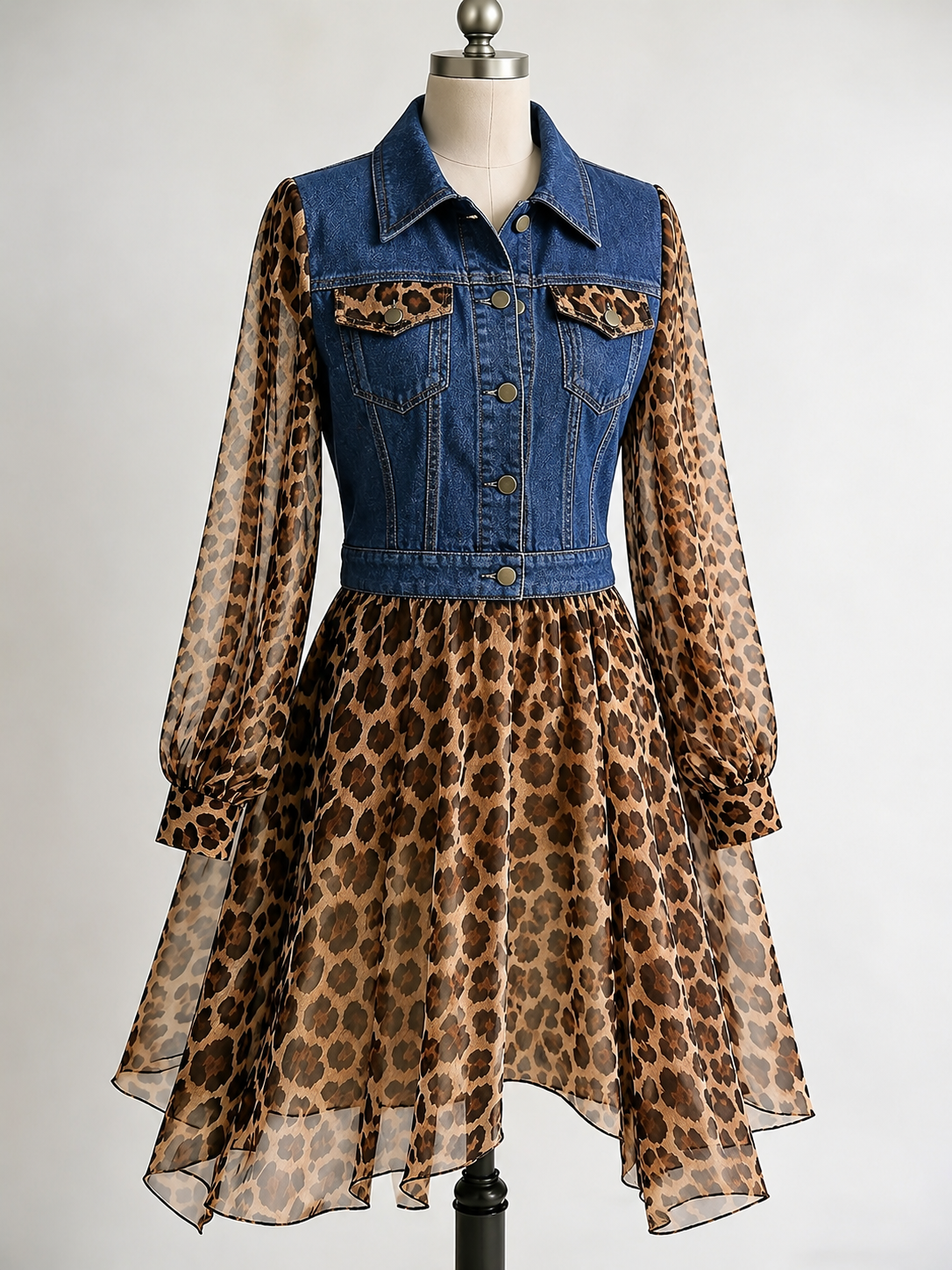 🅶Milan Denim Bodice Leopard Dress