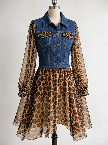 🅶Milan Denim Bodice Leopard Dress