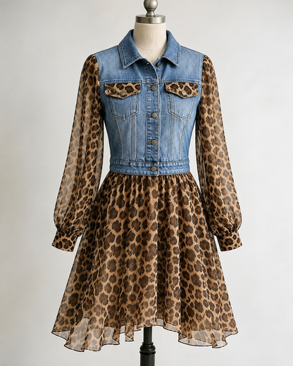 🅶Milan Denim Bodice Leopard Dress