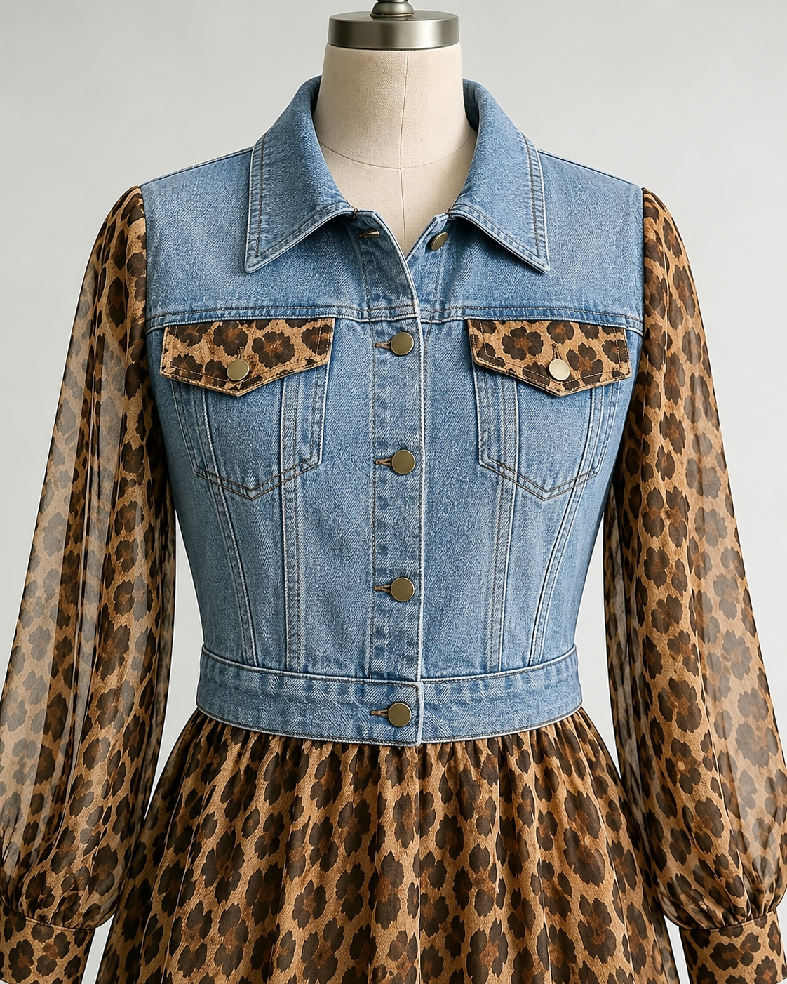 🅶Milan Denim Bodice Leopard Dress