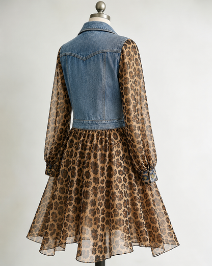 🅶Milan Denim Bodice Leopard Dress