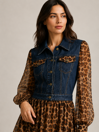 🅶Milan Denim Bodice Leopard Dress