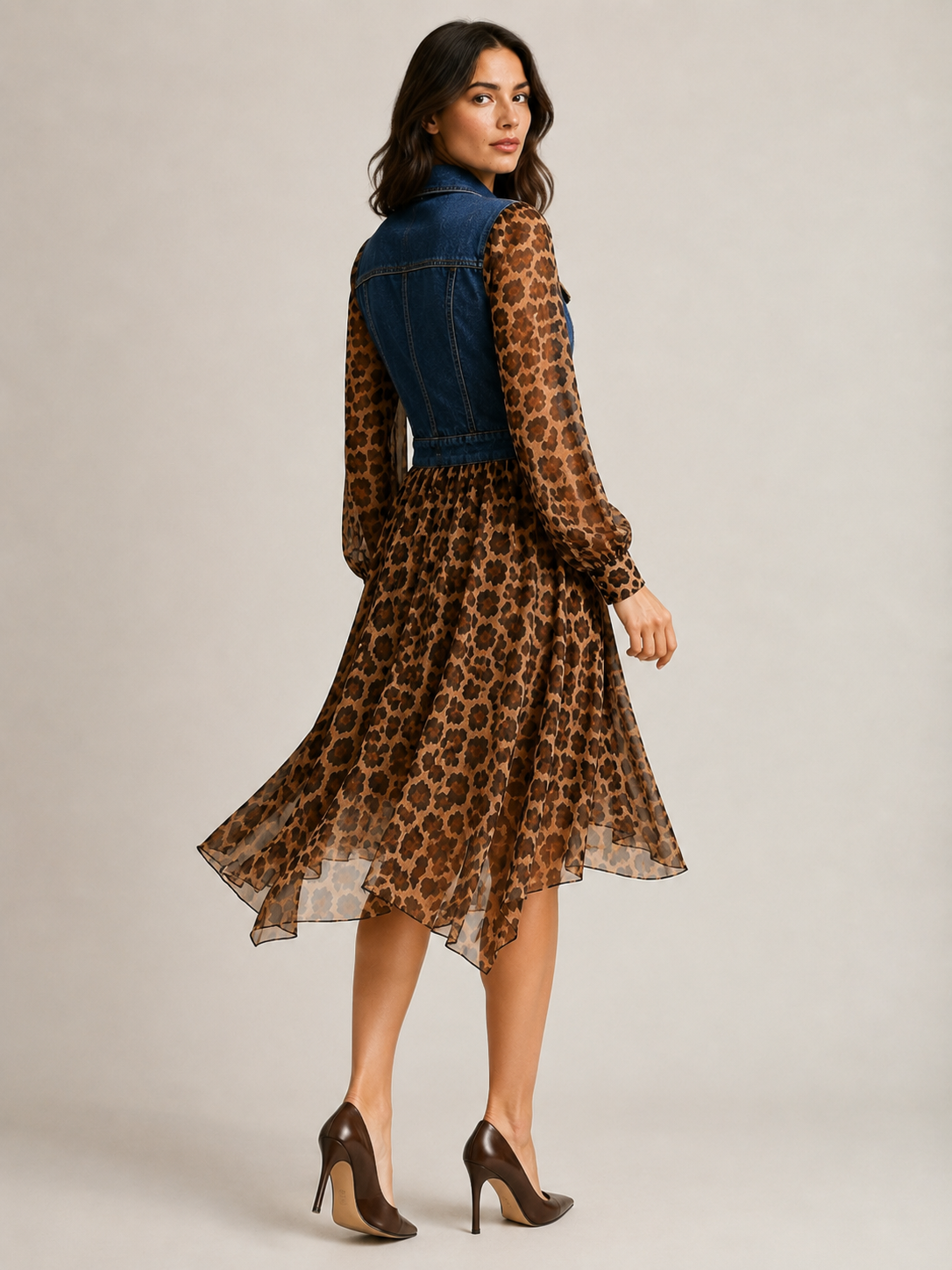 🅶Milan Denim Bodice Leopard Dress