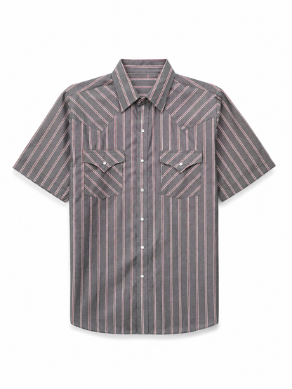 🤲6-PACK $23.99-Men's Western Stripe Snap Shirt with Pocket - Short Sleeve Casual Cowboy Shirt