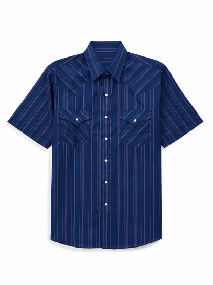 🤲6-PACK $23.99-Men's Western Stripe Snap Shirt with Pocket - Short Sleeve Casual Cowboy Shirt