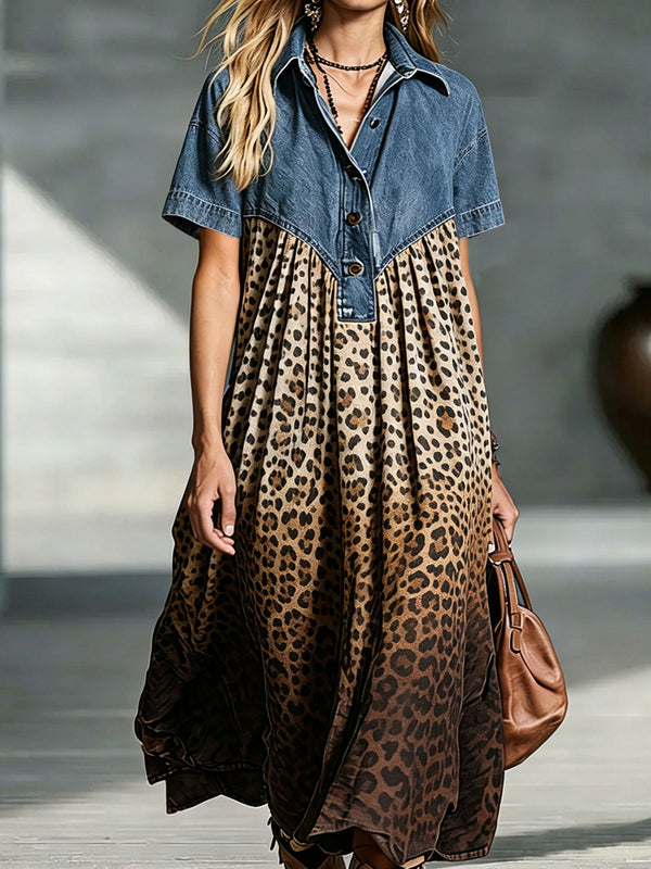 💛Women’s Denim Spliced Gradient Leopard Print Shirt Midi Dress