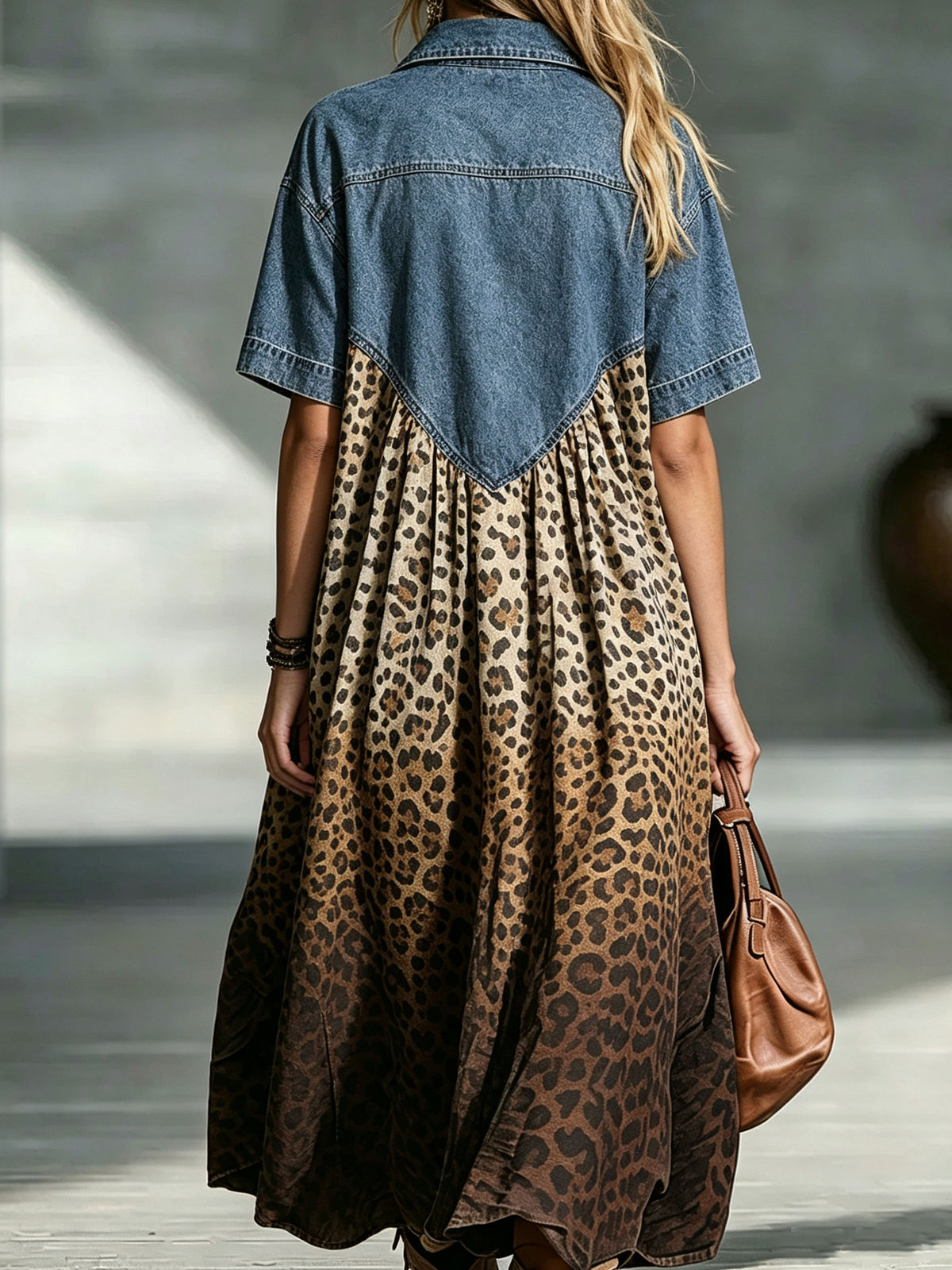 💛Women’s Denim Spliced Gradient Leopard Print Shirt Midi Dress