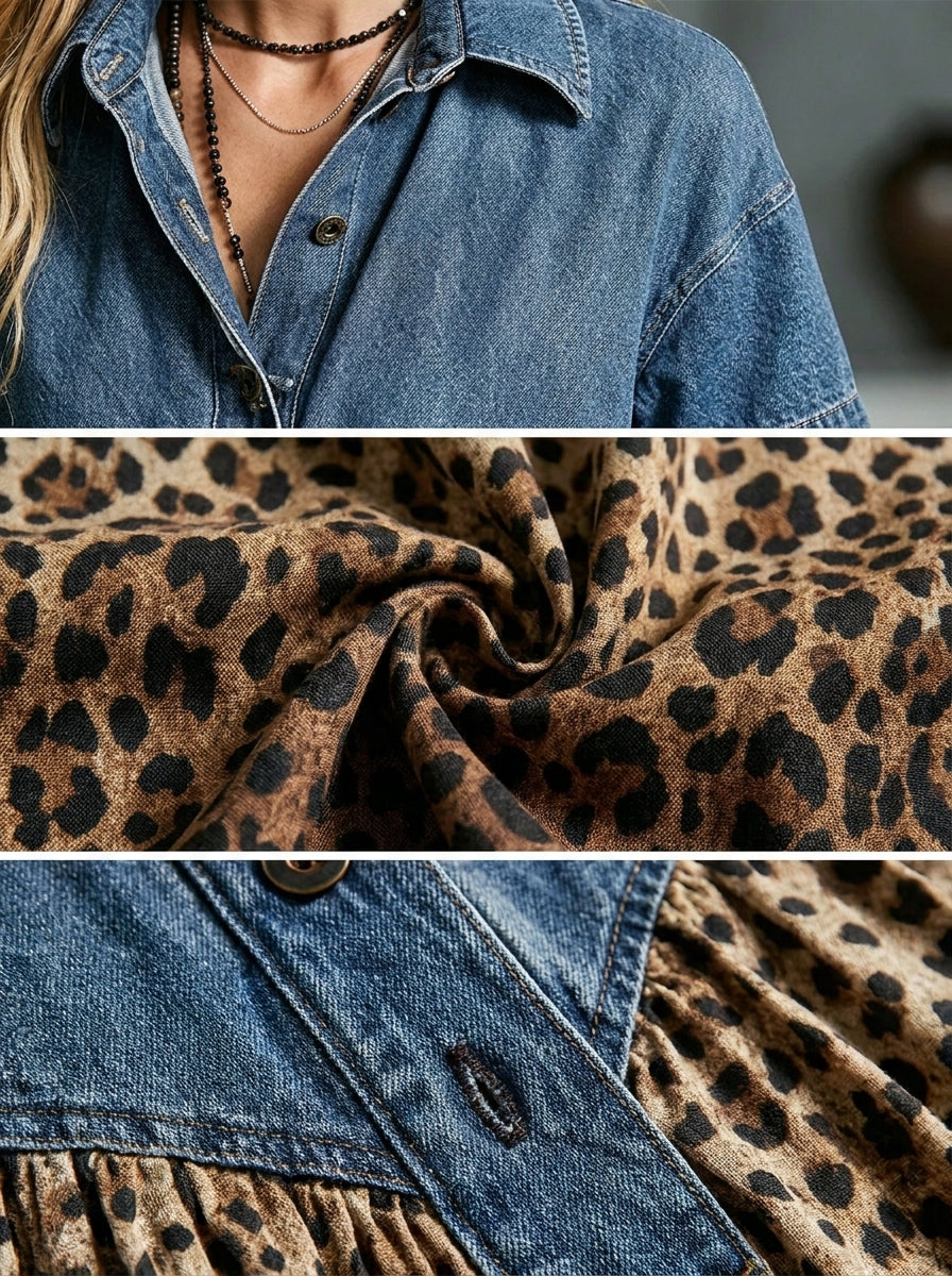 💛Women’s Denim Spliced Gradient Leopard Print Shirt Midi Dress