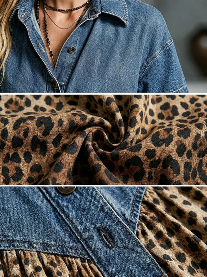 💛Women’s Denim Spliced Gradient Leopard Print Shirt Midi Dress