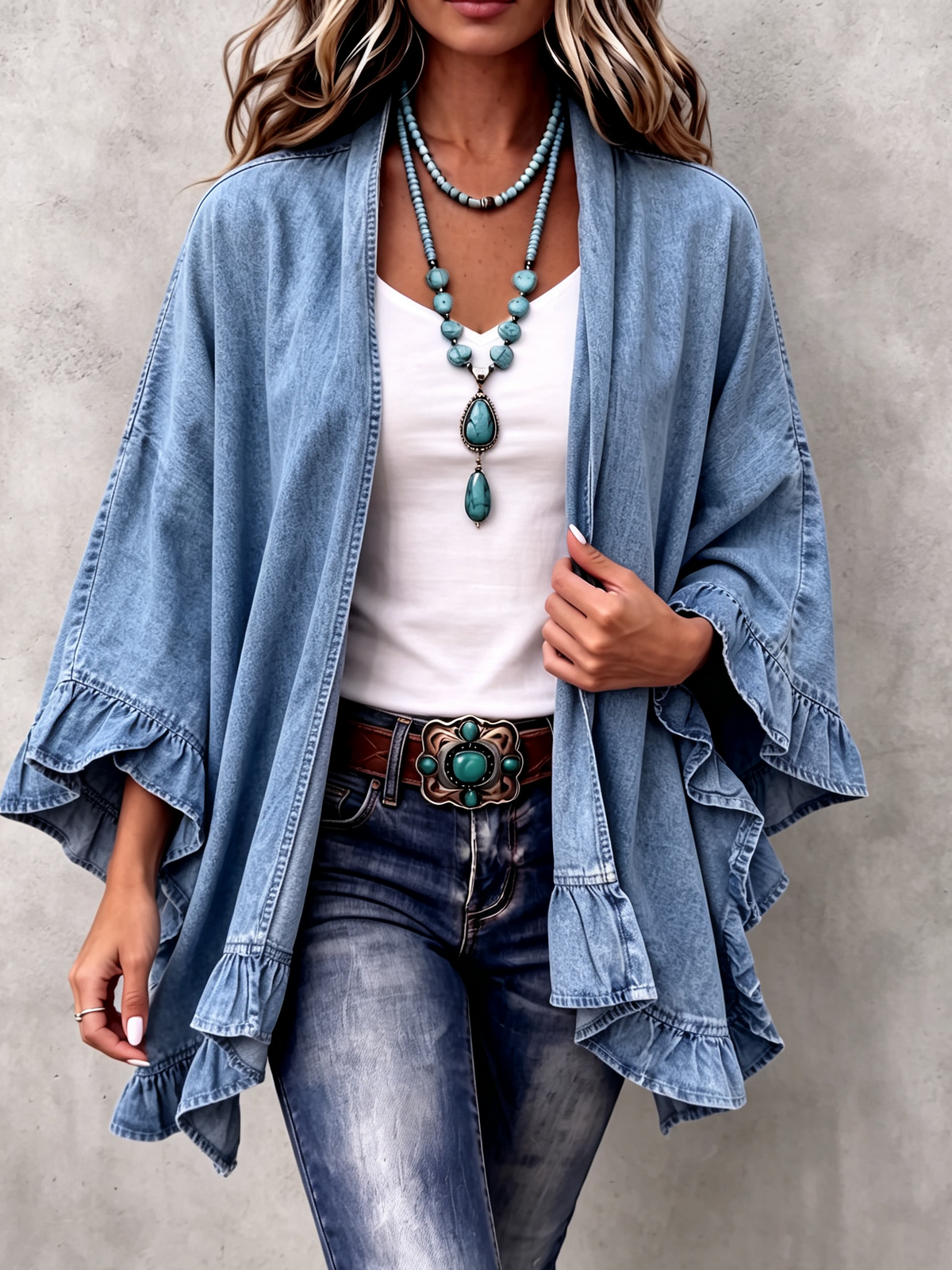 💛Chic Boho Denim Ruffle Trim Cardigan