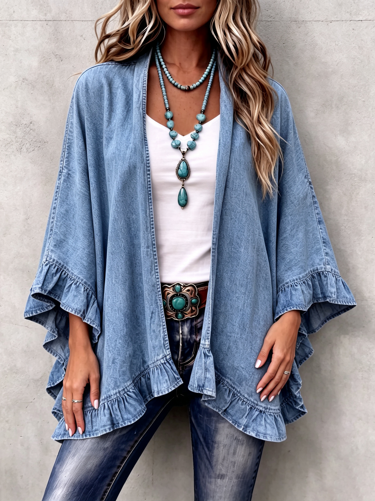 💛Chic Boho Denim Ruffle Trim Cardigan