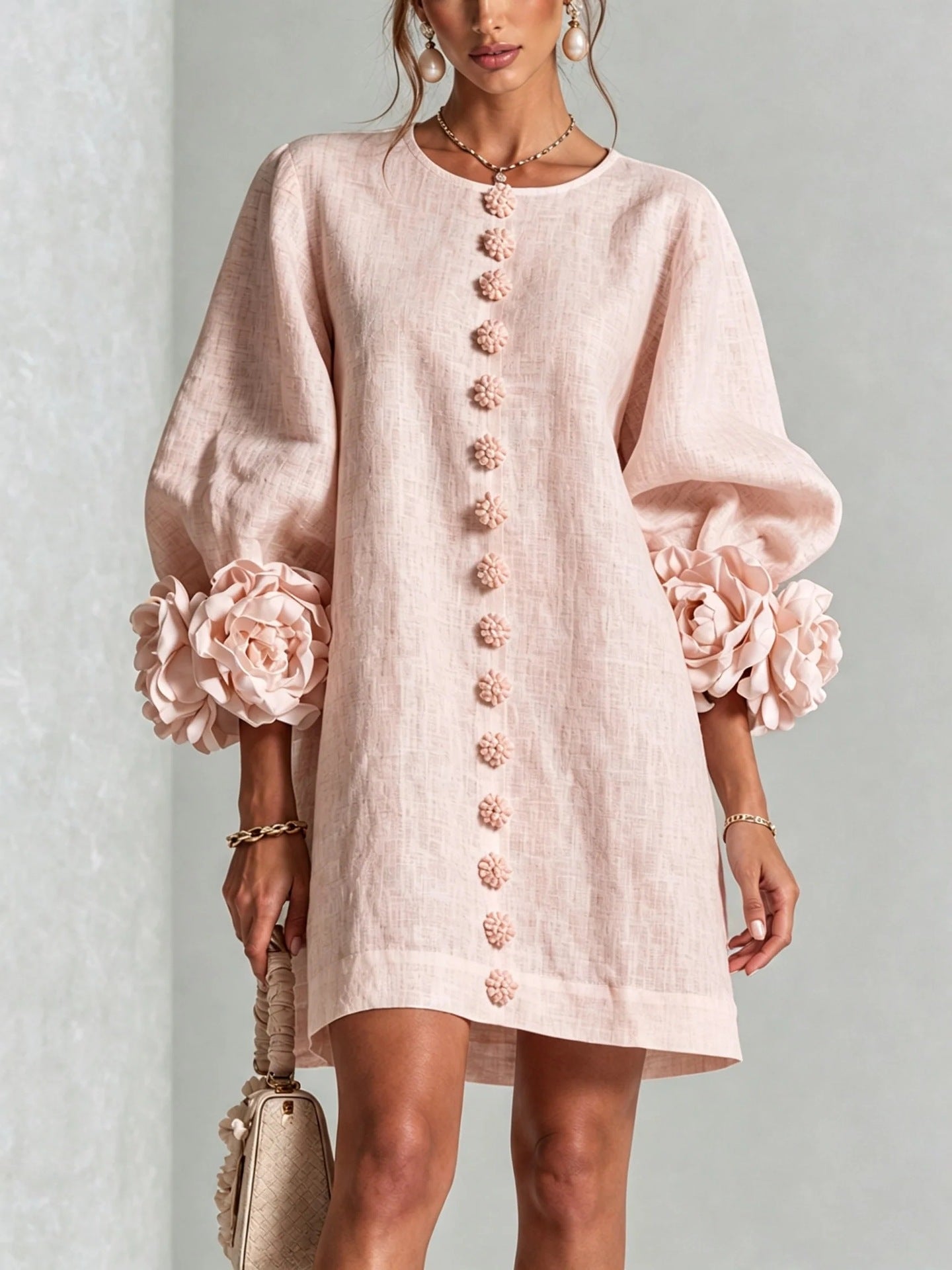 🤲LAST DAY SAVE 49% ⏰3D Floral Cuff Midi Dress – Relaxed A-Line Button Front