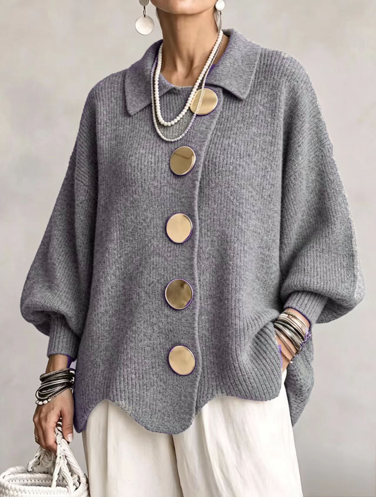 💛LAST DAY SAVE 49% ⏰Oversized Collared Knit Cardigan With Large Metal Buttons