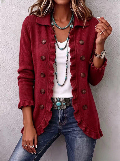 🤲LAST DAY SAVE 49% ⏰Turquoise Ruffle Trim Double-Breasted Knit Cardigan