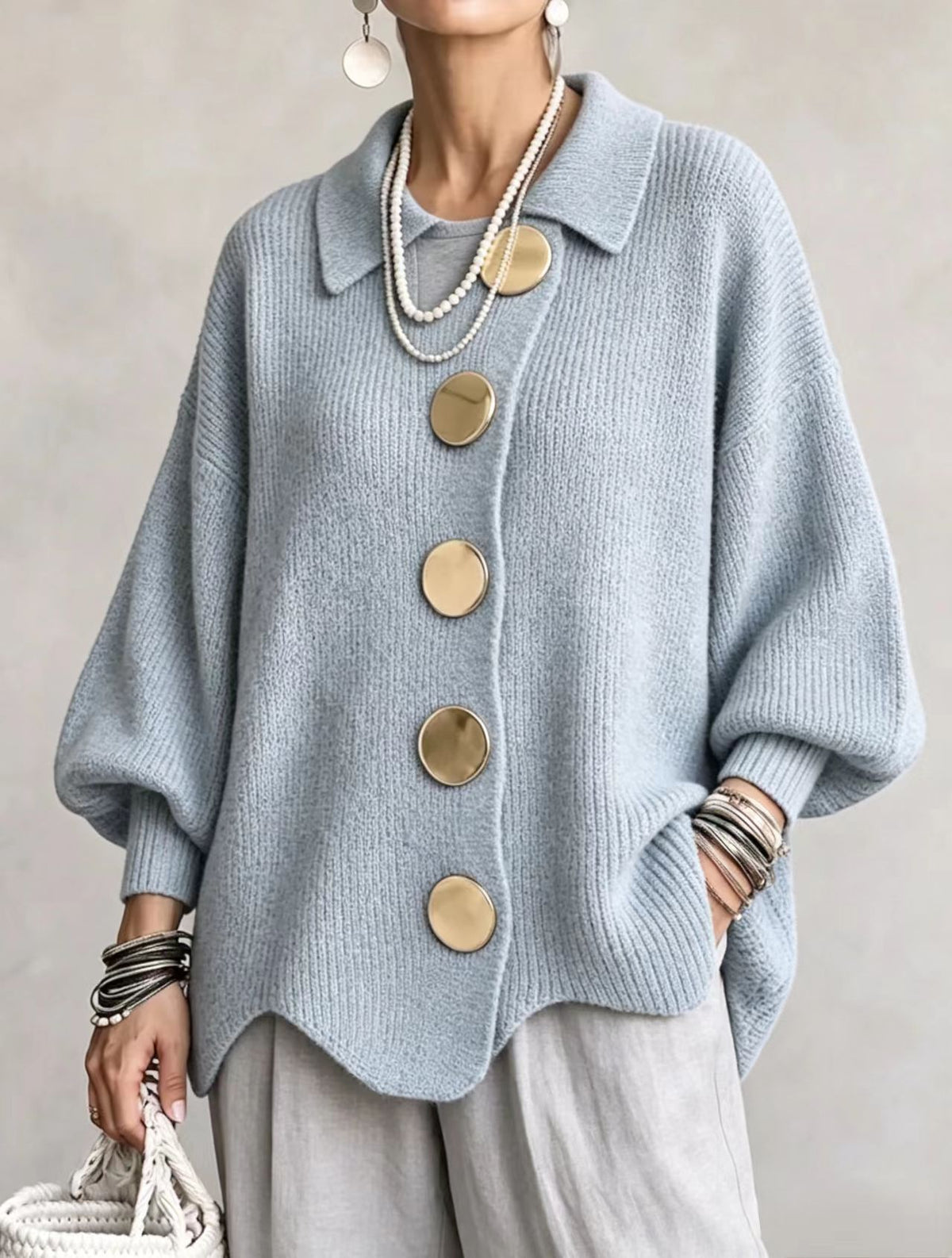 💛LAST DAY SAVE 49% ⏰Oversized Collared Knit Cardigan With Large Metal Buttons