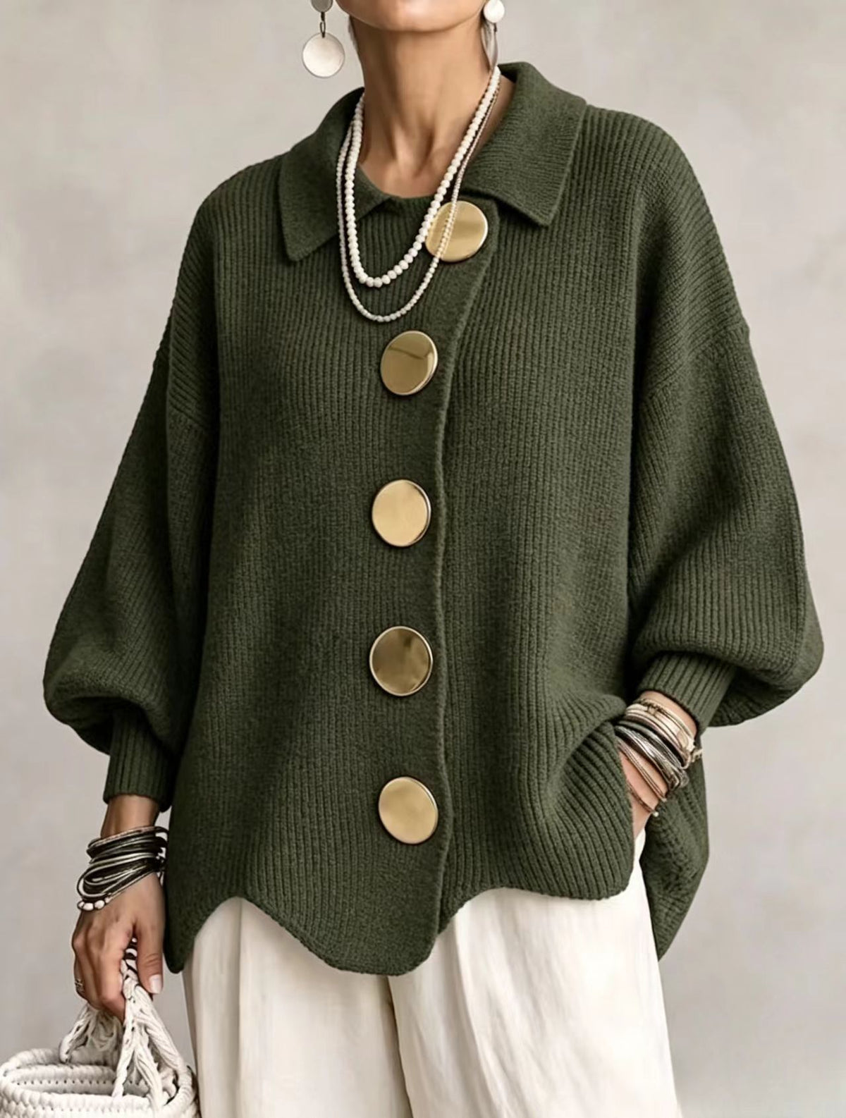 💛LAST DAY SAVE 49% ⏰Oversized Collared Knit Cardigan With Large Metal Buttons