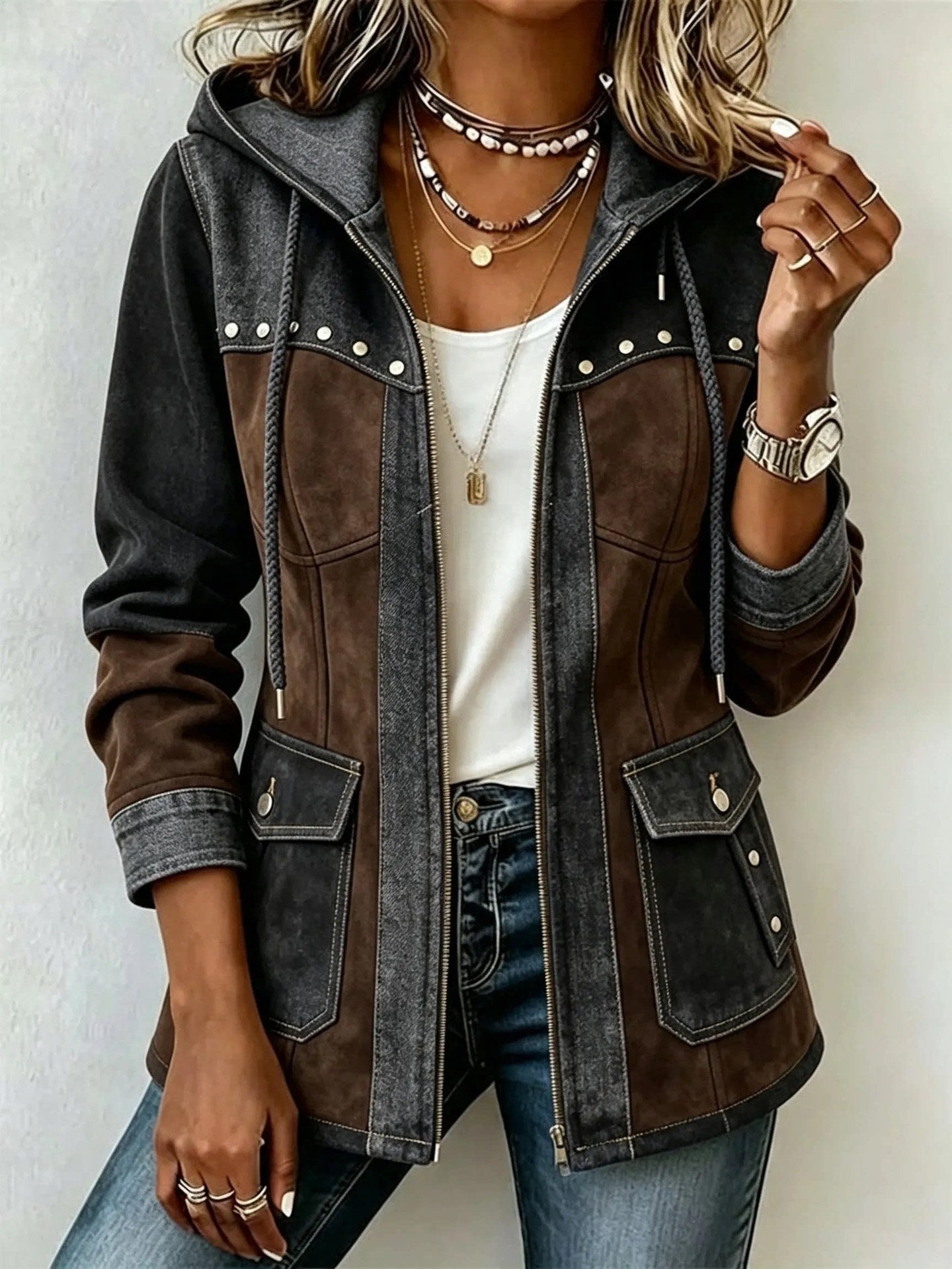 🤲LAST DAY SAVE 49% ⏰Chic Denim Patchwork Suede Hooded Jacket
