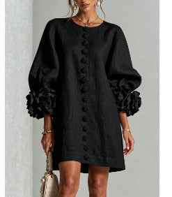 🤲LAST DAY SAVE 49% ⏰3D Floral Cuff Midi Dress – Relaxed A-Line Button Front