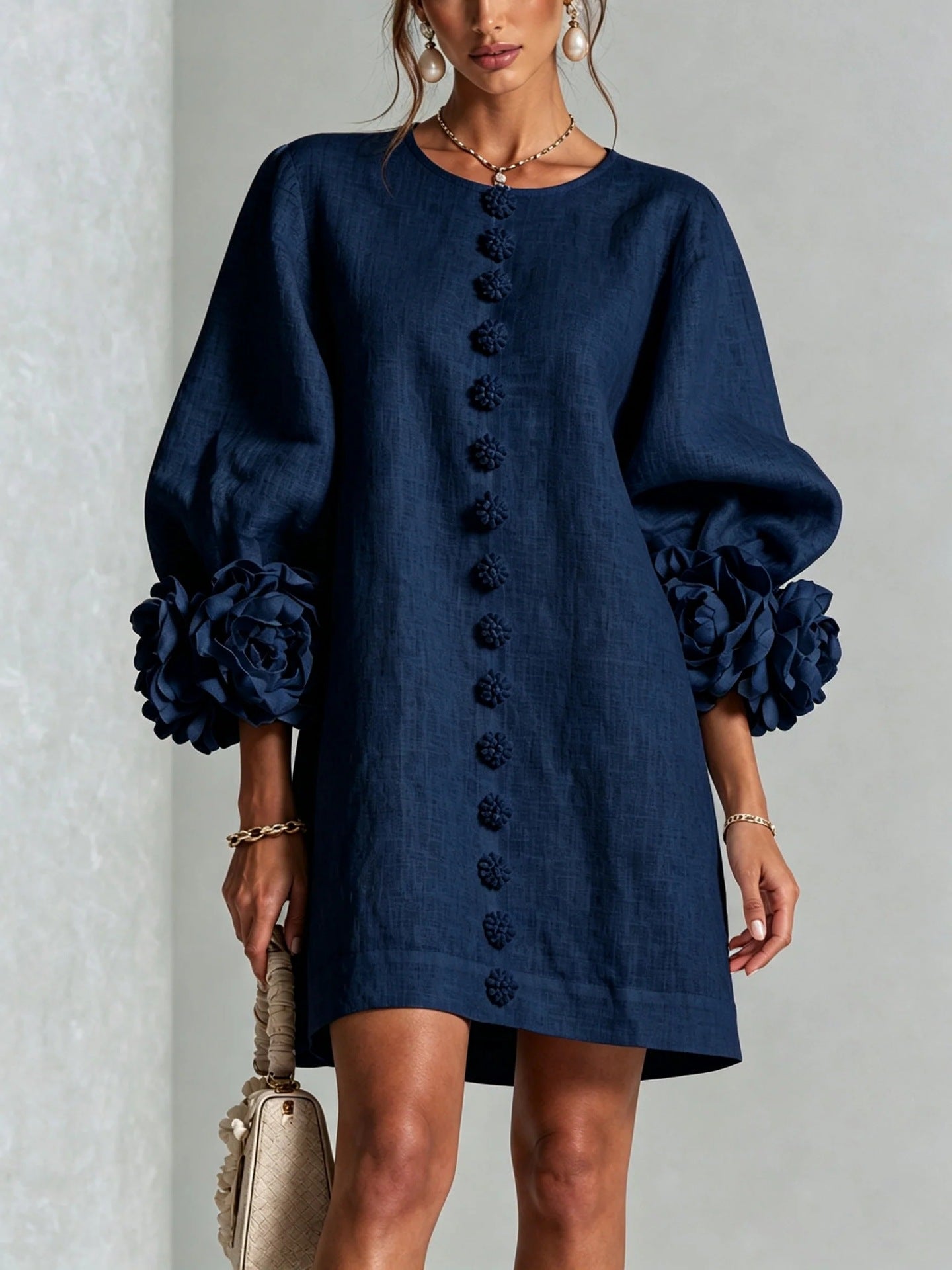 🤲LAST DAY SAVE 49% ⏰3D Floral Cuff Midi Dress – Relaxed A-Line Button Front