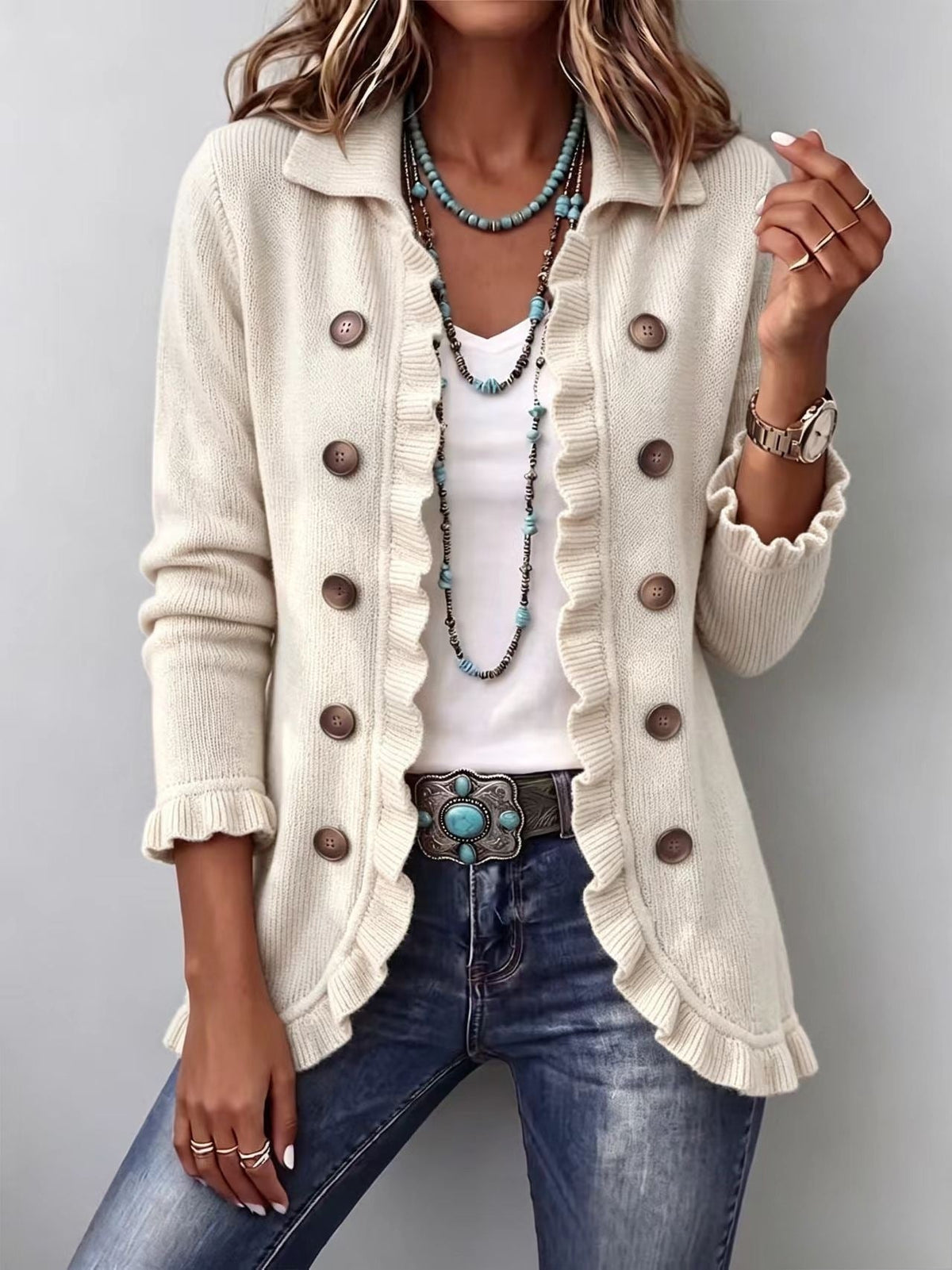 🤲LAST DAY SAVE 49% ⏰Turquoise Ruffle Trim Double-Breasted Knit Cardigan