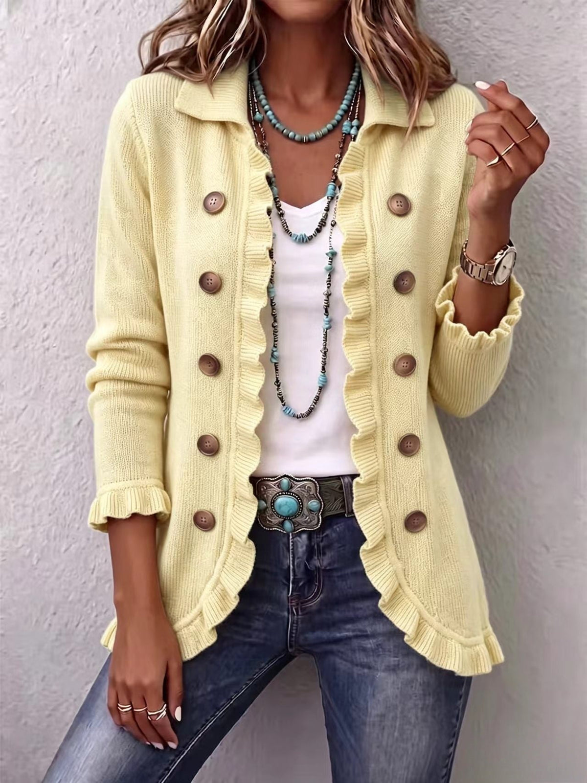 🤲LAST DAY SAVE 49% ⏰Turquoise Ruffle Trim Double-Breasted Knit Cardigan