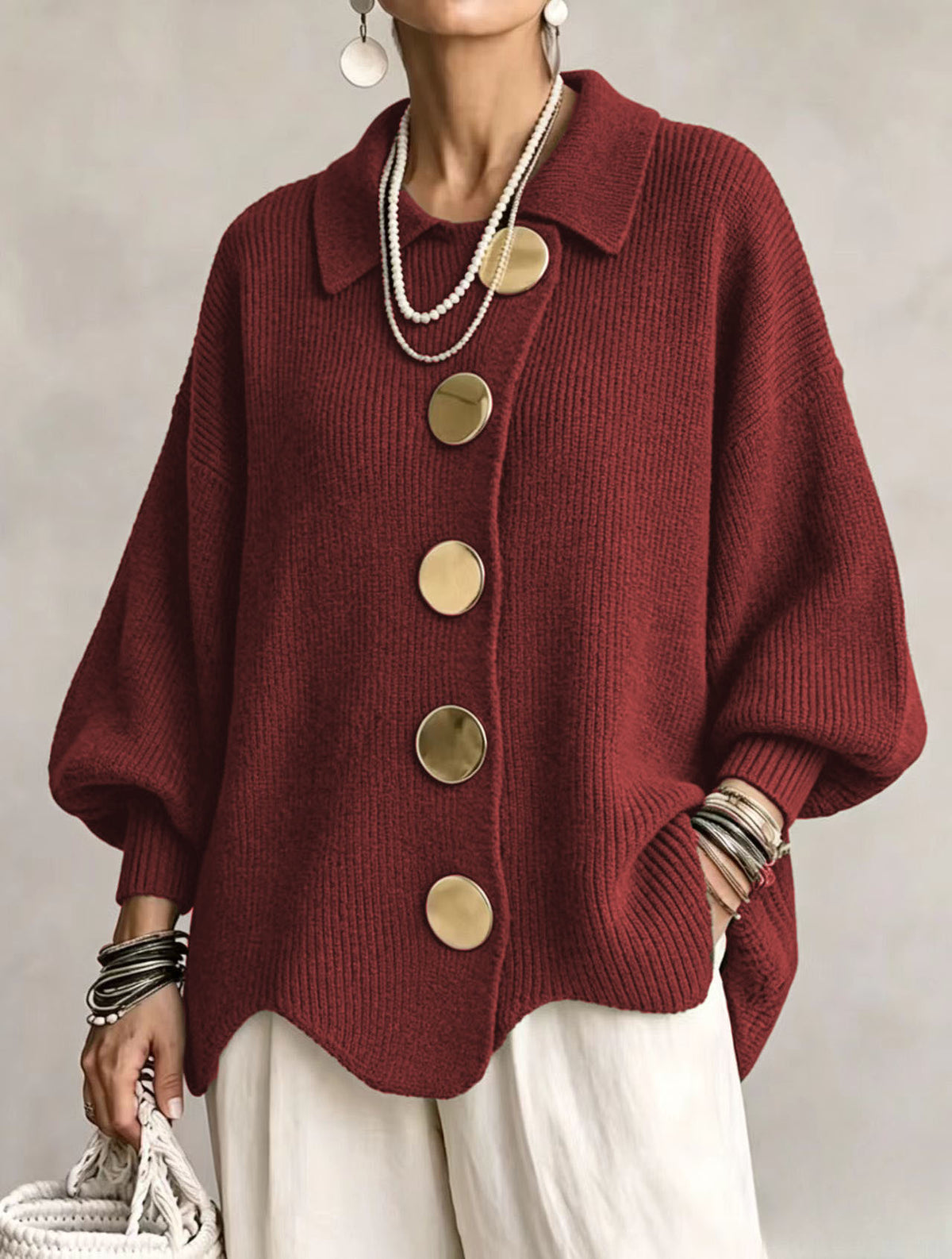💛LAST DAY SAVE 49% ⏰Oversized Collared Knit Cardigan With Large Metal Buttons