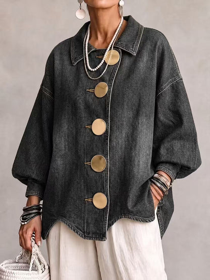 💛LAST DAY SAVE 49% ⏰Collared Oversized Denim Jacket With Large Metal Buttons