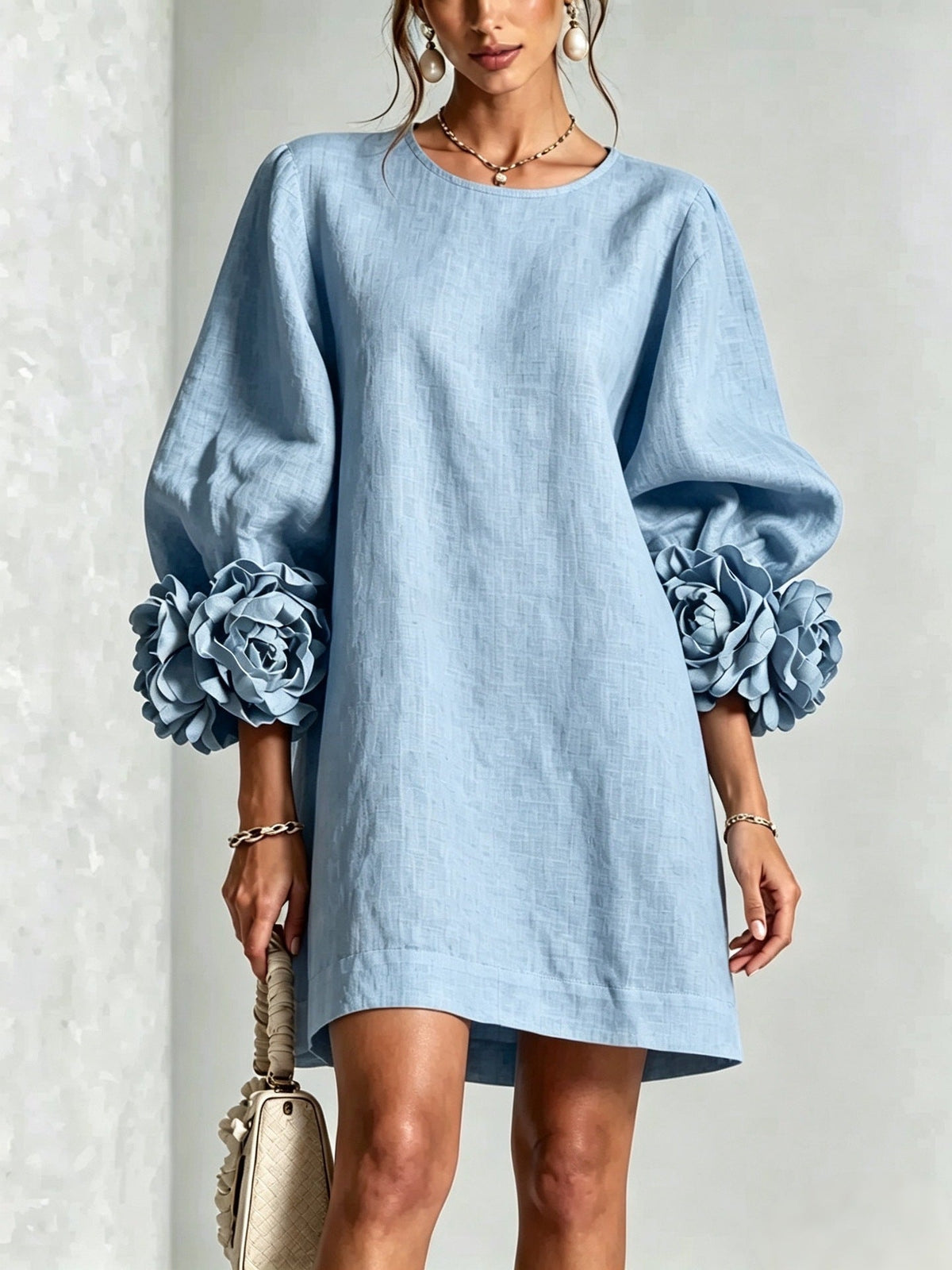 🤲LAST DAY SAVE 49% ⏰Women's 3D Floral Cuff Denim Mini Dress – Relaxed Fit
