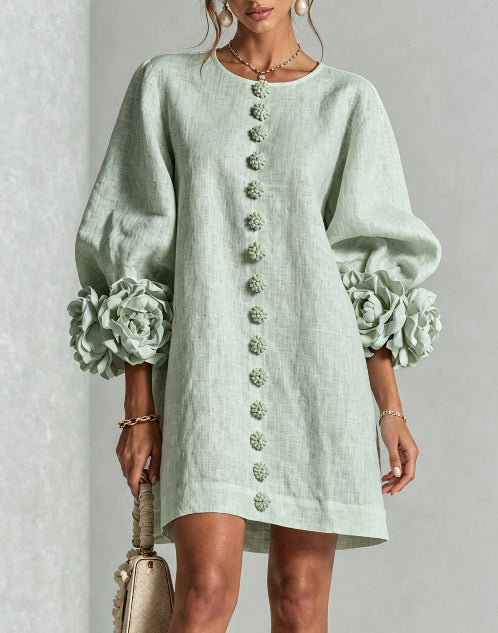 🤲LAST DAY SAVE 49% ⏰3D Floral Cuff Midi Dress – Relaxed A-Line Button Front