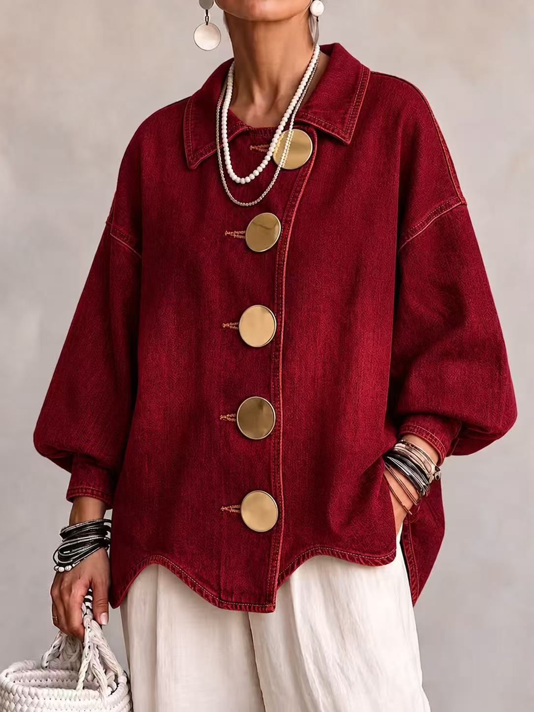 💛LAST DAY SAVE 49% ⏰Collared Oversized Denim Jacket With Large Metal Buttons