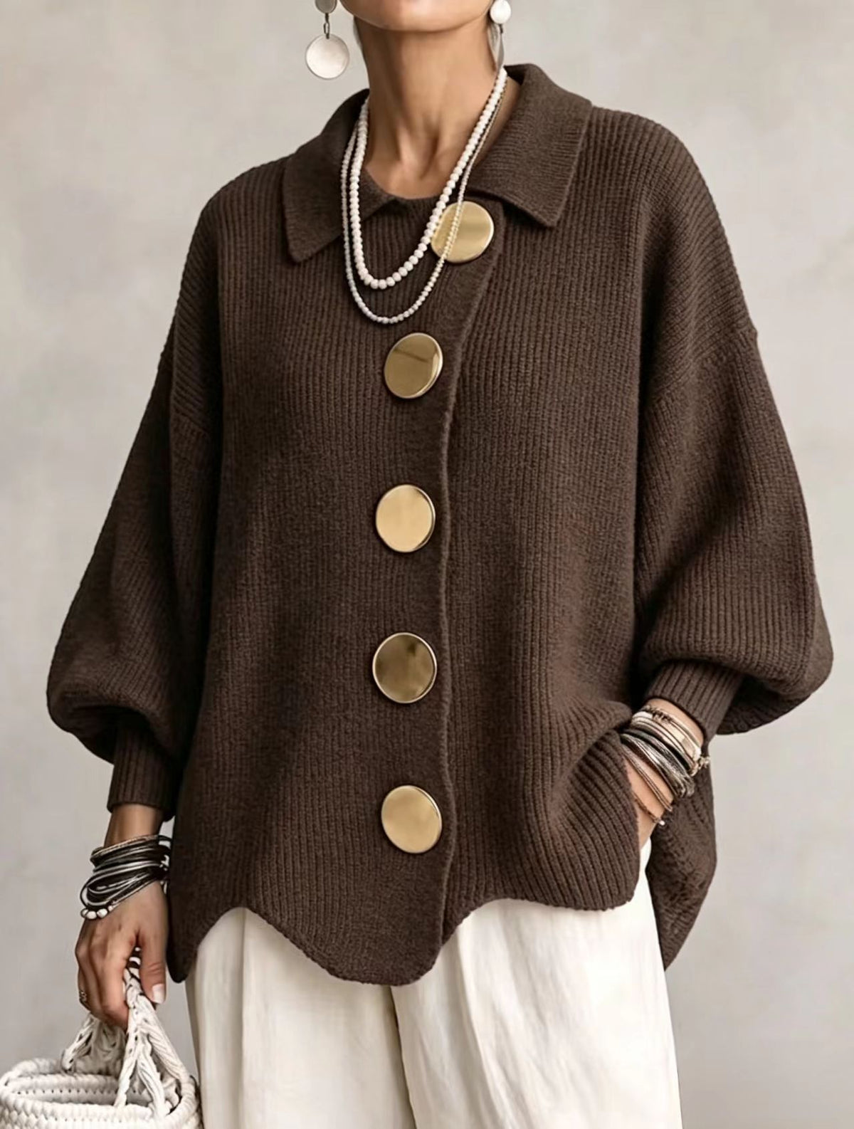 💛LAST DAY SAVE 49% ⏰Oversized Collared Knit Cardigan With Large Metal Buttons