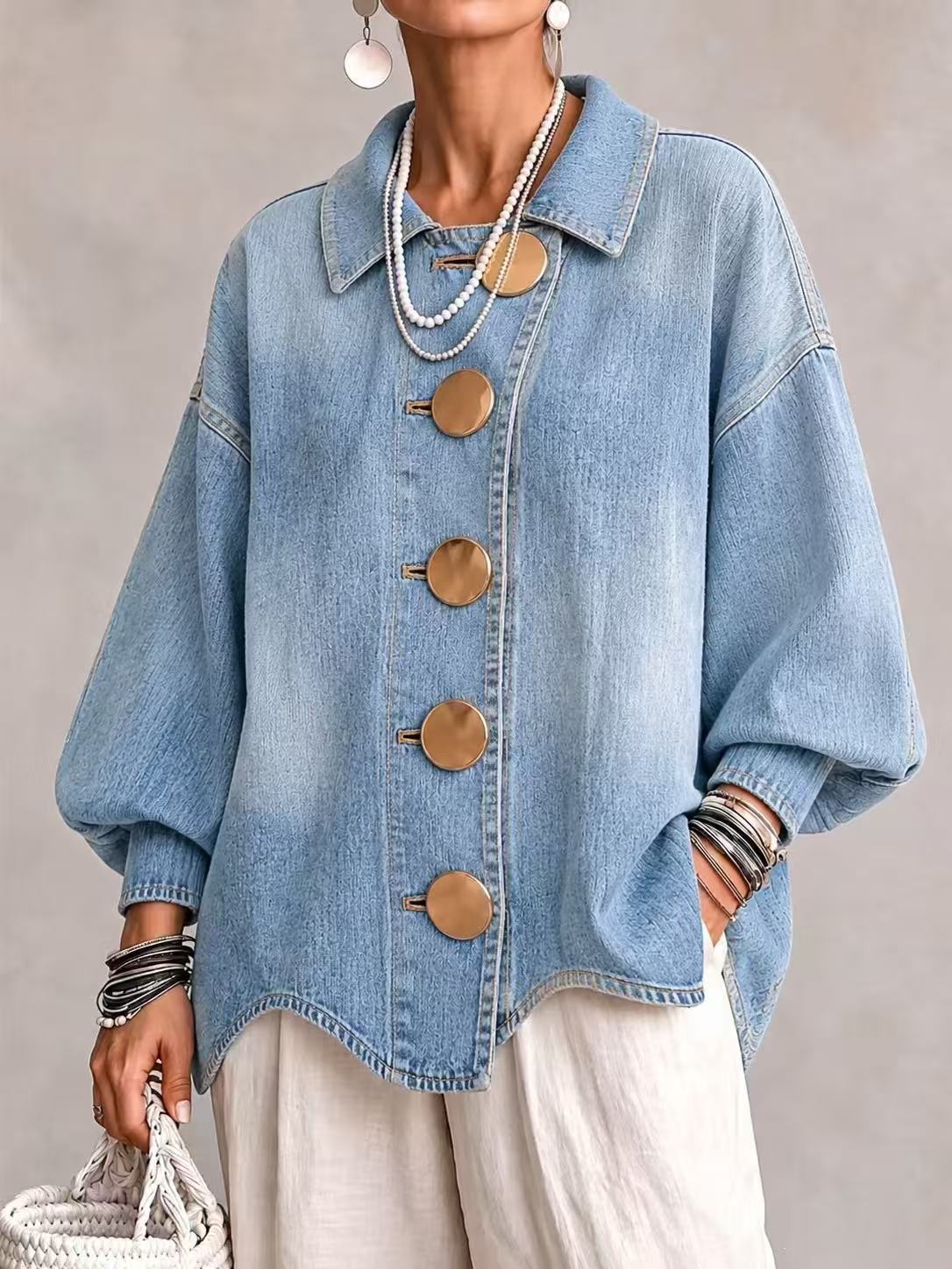 💛LAST DAY SAVE 49% ⏰Collared Oversized Denim Jacket With Large Metal Buttons