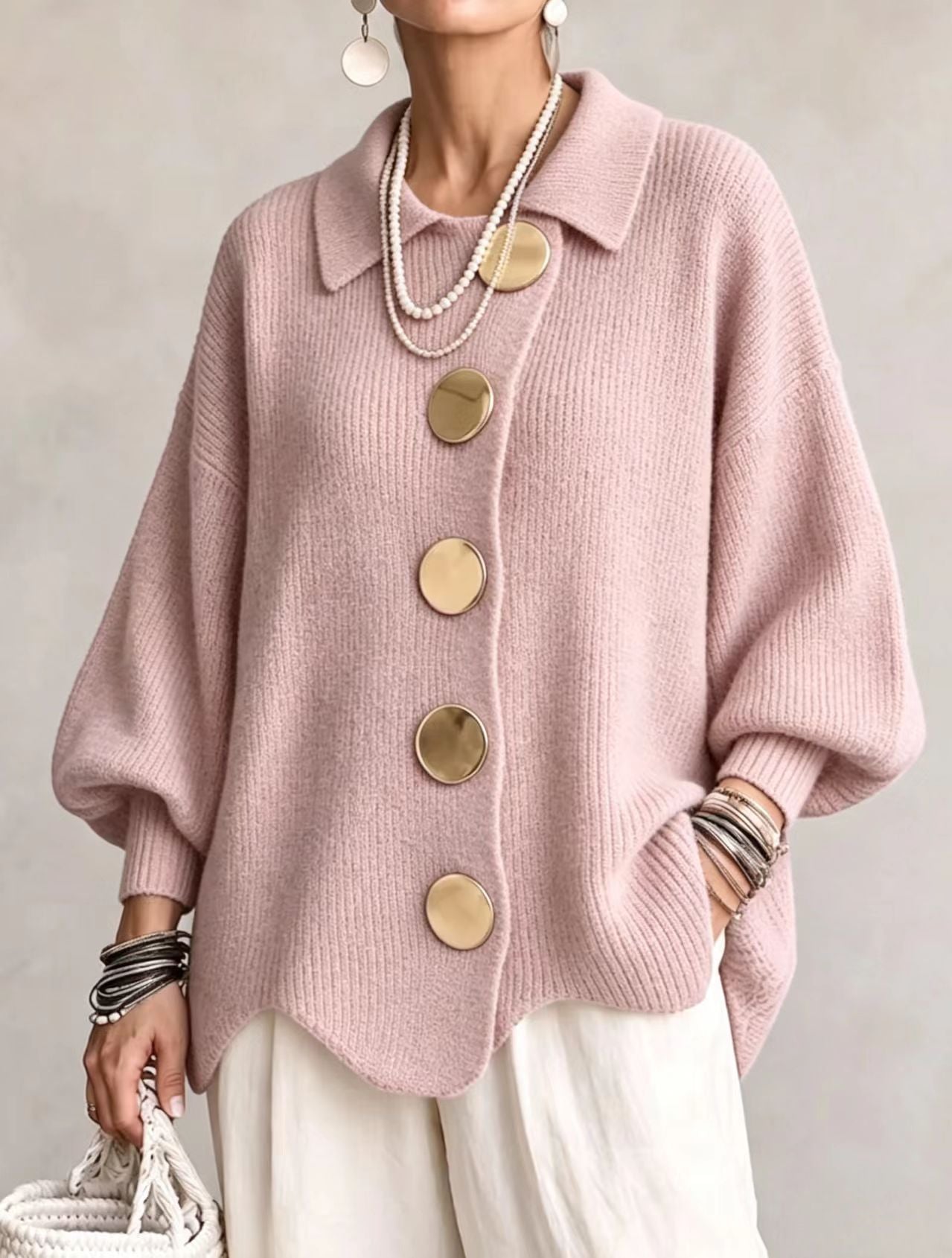 🤲LAST DAY SAVE 49% ⏰Oversized Collared Knit Cardigan With Large Metal Buttons