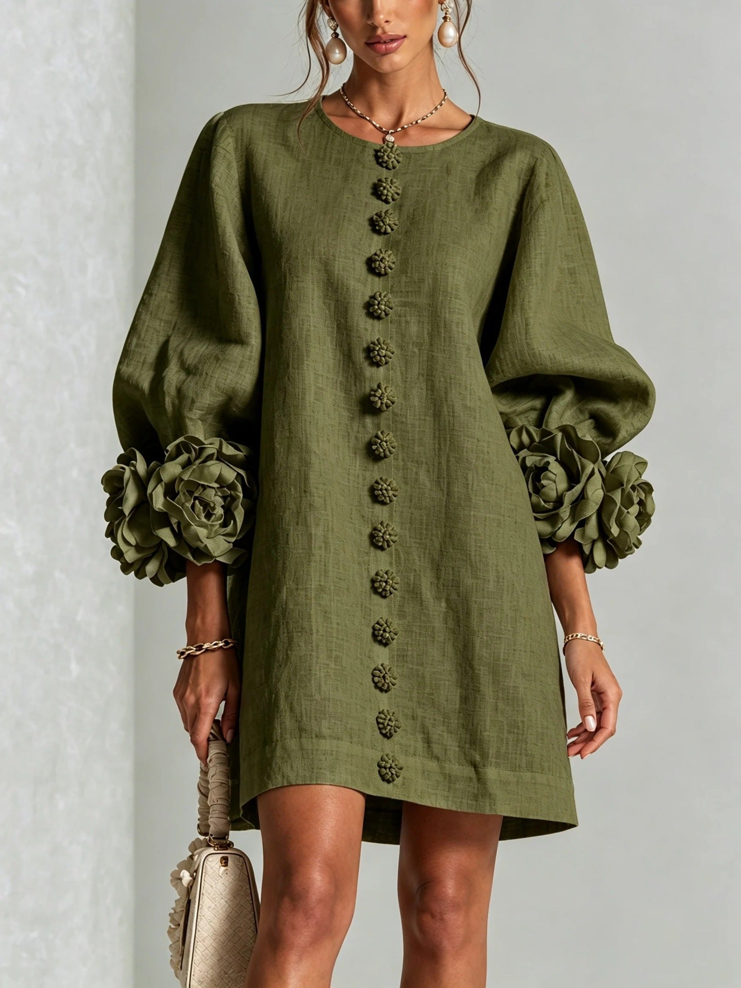 🤲LAST DAY SAVE 49% ⏰3D Floral Cuff Midi Dress – Relaxed A-Line Button Front