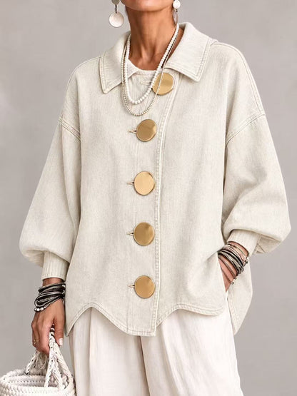 💛LAST DAY SAVE 49% ⏰Collared Oversized Denim Jacket With Large Metal Buttons