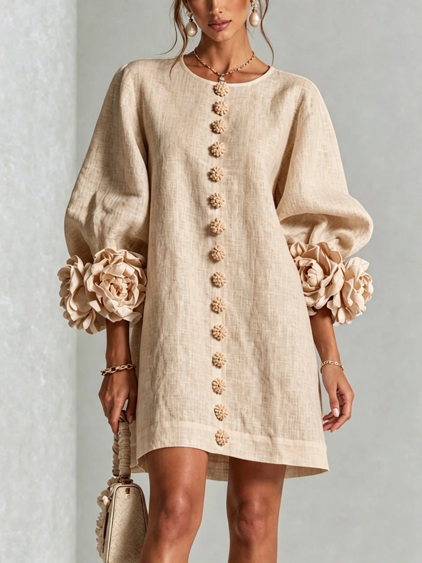 🤲LAST DAY SAVE 49% ⏰3D Floral Cuff Midi Dress – Relaxed A-Line Button Front